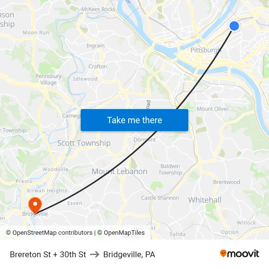 Brereton St + 30th St to Bridgeville, PA map