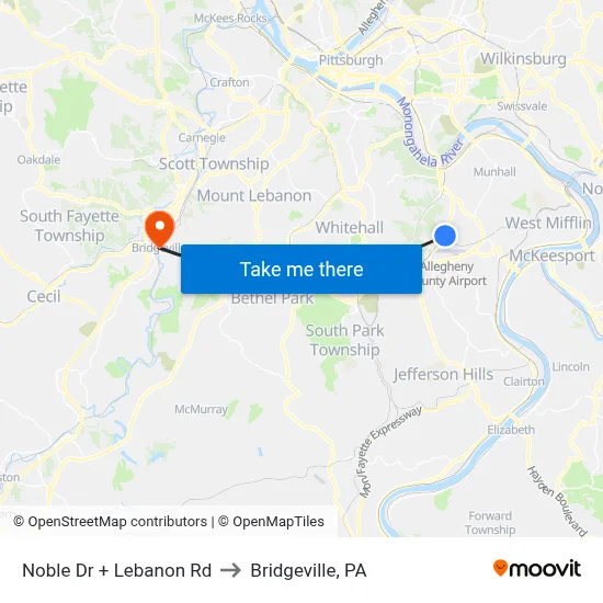 Noble Dr + Lebanon Rd to Bridgeville, PA map