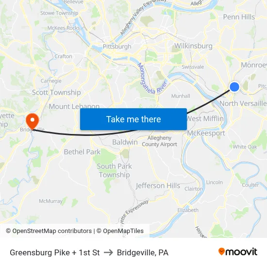 Greensburg Pike + 1st St to Bridgeville, PA map