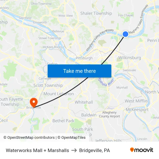 Waterworks Mall + Marshalls to Bridgeville, PA map