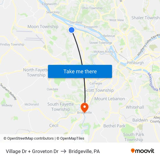 Village Dr + Groveton Dr to Bridgeville, PA map