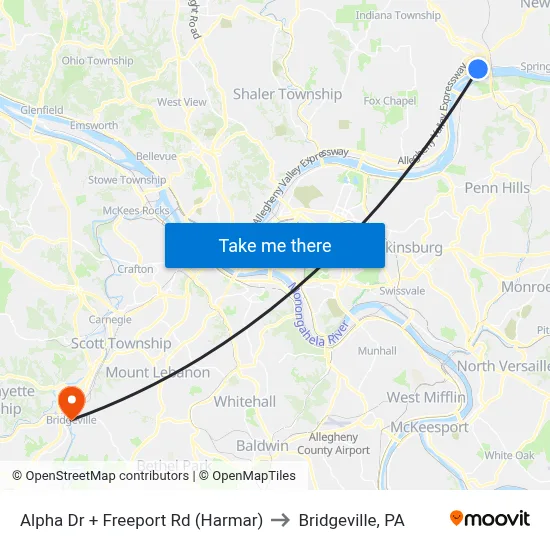 Alpha Dr + Freeport Rd (Harmar) to Bridgeville, PA map