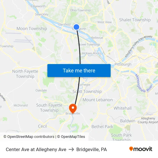 Center Ave at Allegheny Ave to Bridgeville, PA map