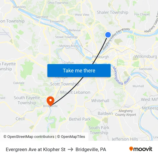 Evergreen Ave at Klopher St to Bridgeville, PA map