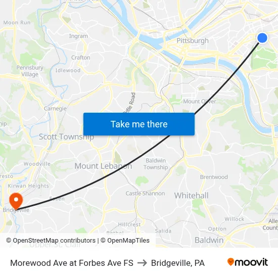 Morewood Ave at Forbes Ave FS to Bridgeville, PA map