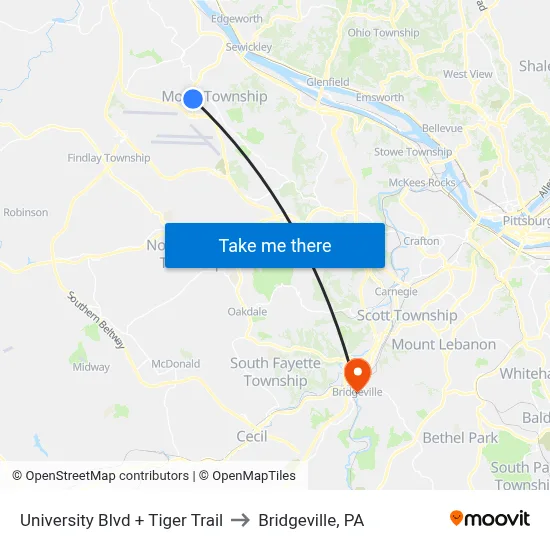 University Blvd + Tiger Trail to Bridgeville, PA map