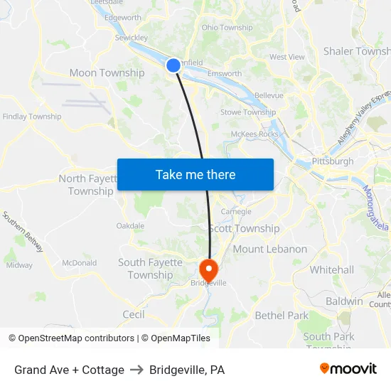 Grand Ave + Cottage to Bridgeville, PA map