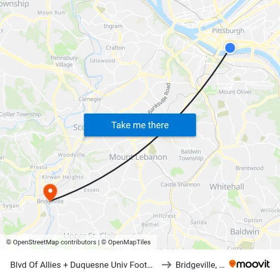Blvd Of Allies + Duquesne Univ Footbridge to Bridgeville, PA map
