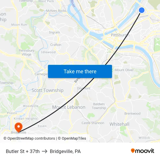 Butler St + 37th to Bridgeville, PA map
