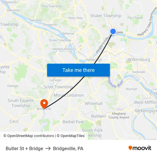 Butler St + Bridge to Bridgeville, PA map