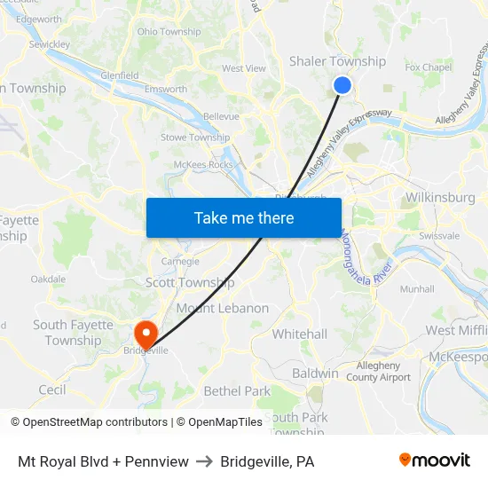 Mt Royal Blvd + Pennview to Bridgeville, PA map