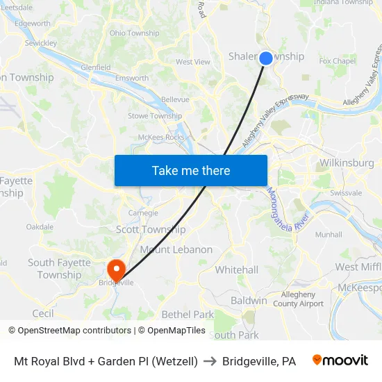 Mt Royal Blvd + Garden Pl (Wetzell) to Bridgeville, PA map