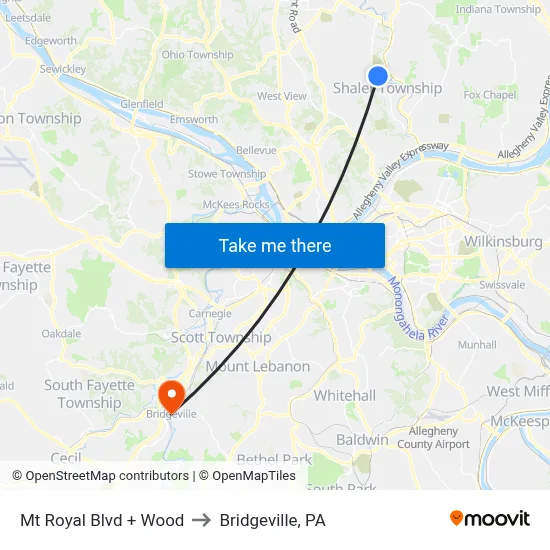 Mt Royal Blvd + Wood to Bridgeville, PA map