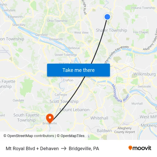 Mt Royal Blvd + Dehaven to Bridgeville, PA map