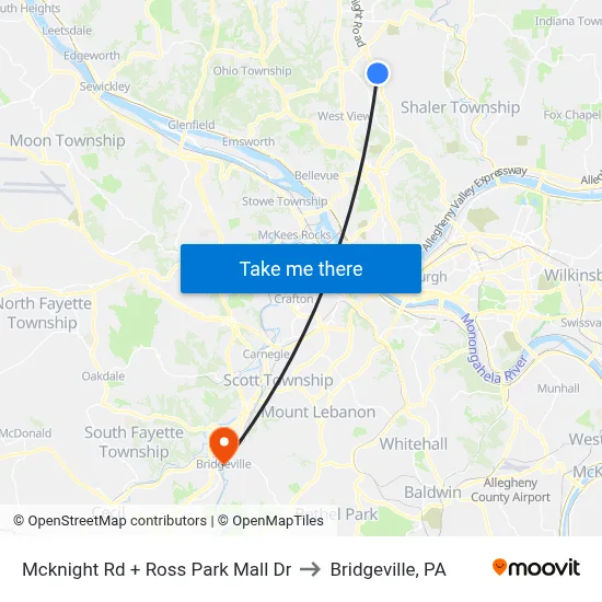 Mcknight Rd + Ross Park Mall Dr to Bridgeville, PA map