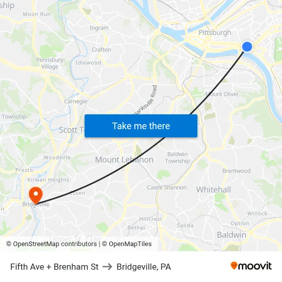 Fifth Ave + Brenham St to Bridgeville, PA map
