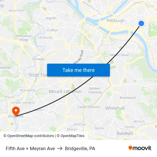 Fifth Ave + Meyran Ave to Bridgeville, PA map