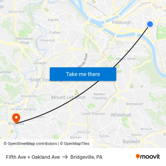 Fifth Ave + Oakland Ave to Bridgeville, PA map