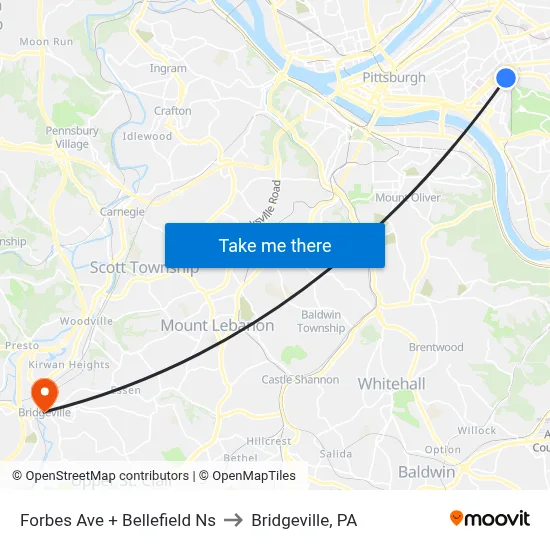 Forbes Ave + Bellefield Ns to Bridgeville, PA map