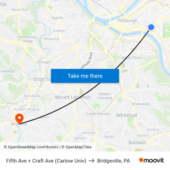 Fifth Ave + Craft Ave (Carlow Univ) to Bridgeville, PA map