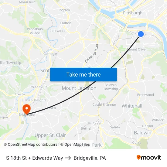 S 18th St + Edwards Way to Bridgeville, PA map