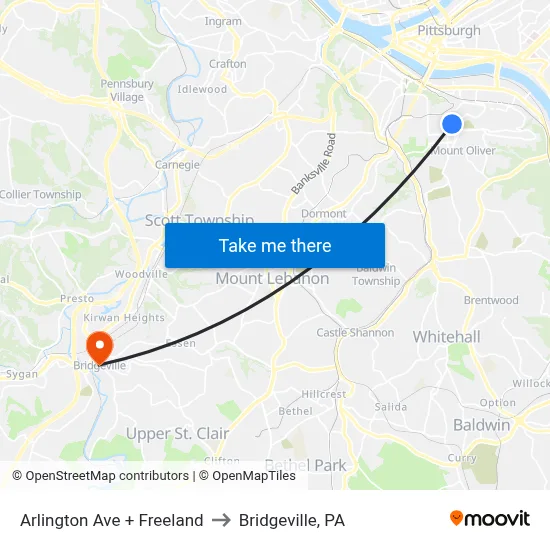Arlington Ave + Freeland to Bridgeville, PA map
