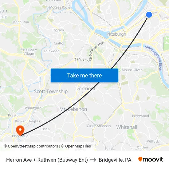 Herron Ave + Ruthven (Busway Ent) to Bridgeville, PA map