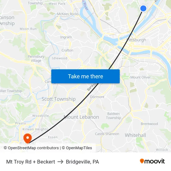 Mt Troy Rd + Beckert to Bridgeville, PA map