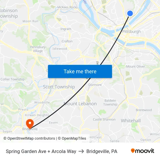 Spring Garden Ave + Arcola Way to Bridgeville, PA map