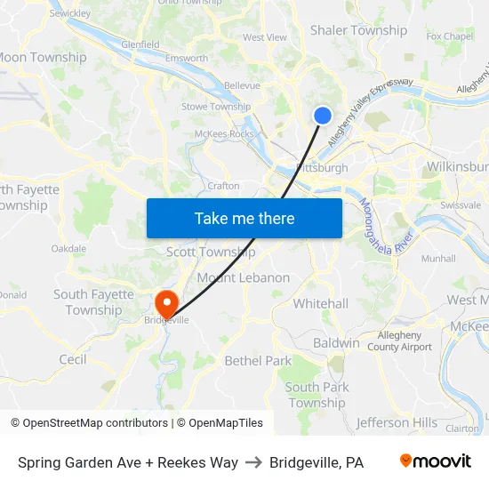 Spring Garden Ave + Reekes Way to Bridgeville, PA map