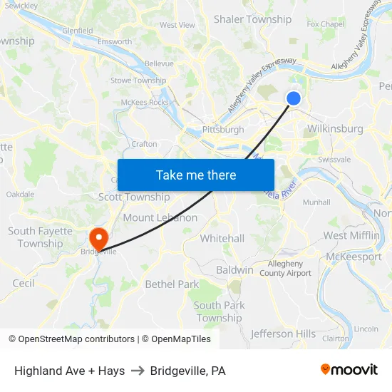 Highland Ave + Hays to Bridgeville, PA map