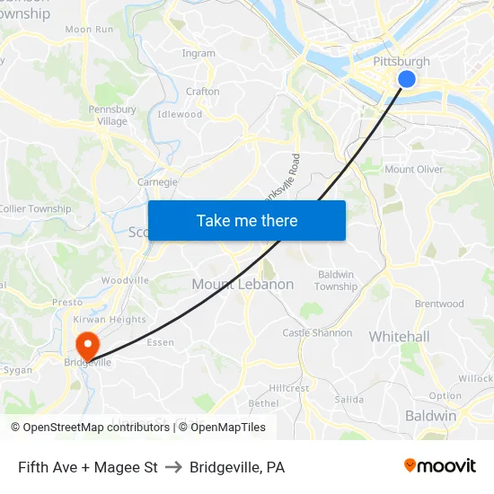 Fifth Ave + Magee St to Bridgeville, PA map