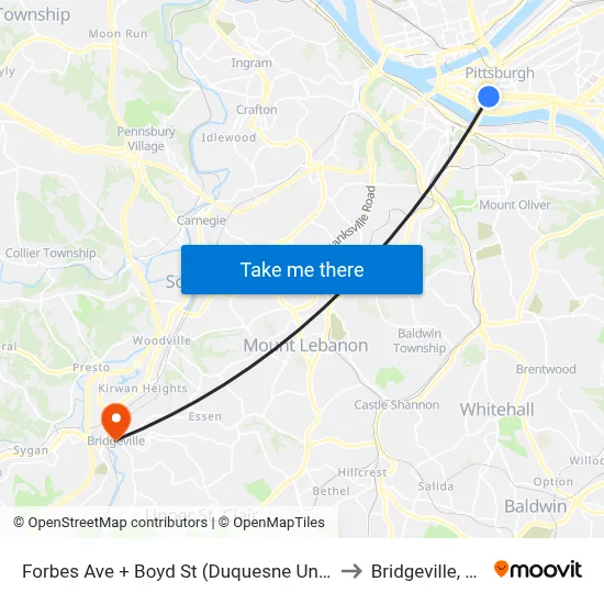 Forbes Ave + Boyd St (Duquesne Univ) to Bridgeville, PA map
