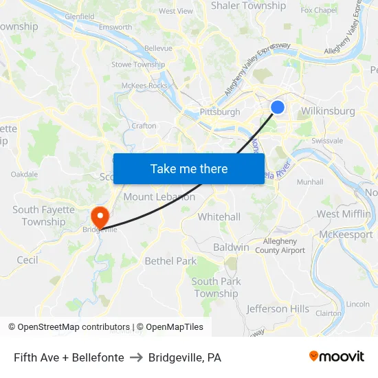 Fifth Ave + Bellefonte to Bridgeville, PA map