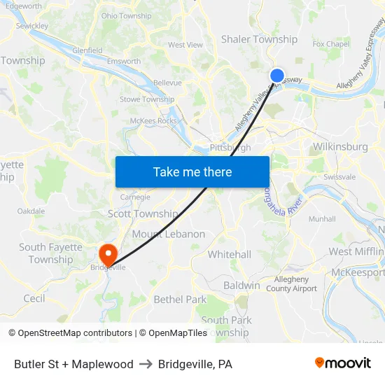 Butler St + Maplewood to Bridgeville, PA map