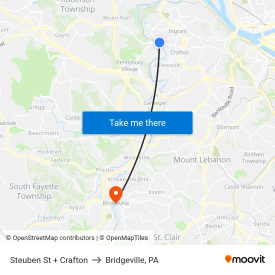 Steuben St + Crafton to Bridgeville, PA map