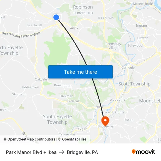 Park Manor Blvd + Ikea to Bridgeville, PA map