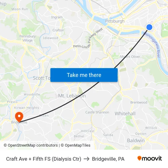 Craft Ave + Fifth FS (Dialysis Ctr) to Bridgeville, PA map