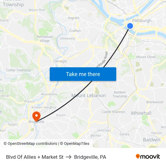 Blvd Of Allies + Market St to Bridgeville, PA map