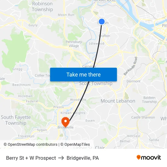 Berry St + W Prospect to Bridgeville, PA map