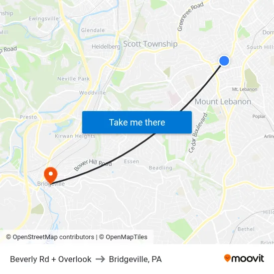 Beverly Rd + Overlook to Bridgeville, PA map