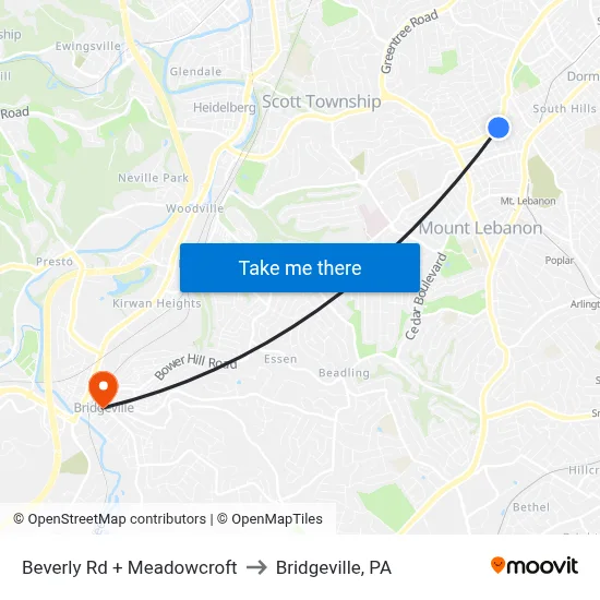 Beverly Rd + Meadowcroft to Bridgeville, PA map