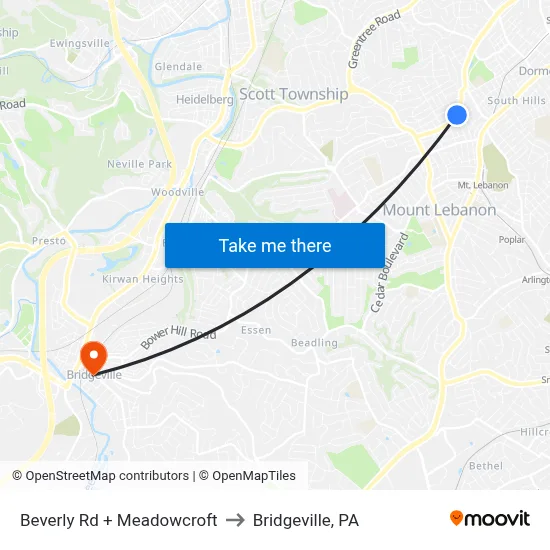 Beverly Rd + Meadowcroft to Bridgeville, PA map