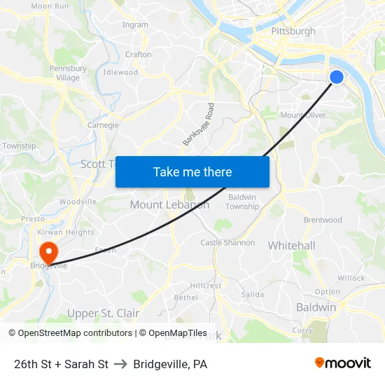 26th St + Sarah St to Bridgeville, PA map