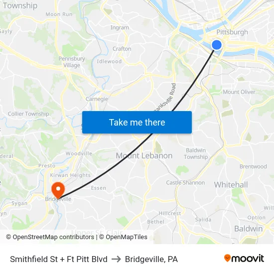 Smithfield St + Ft Pitt Blvd to Bridgeville, PA map
