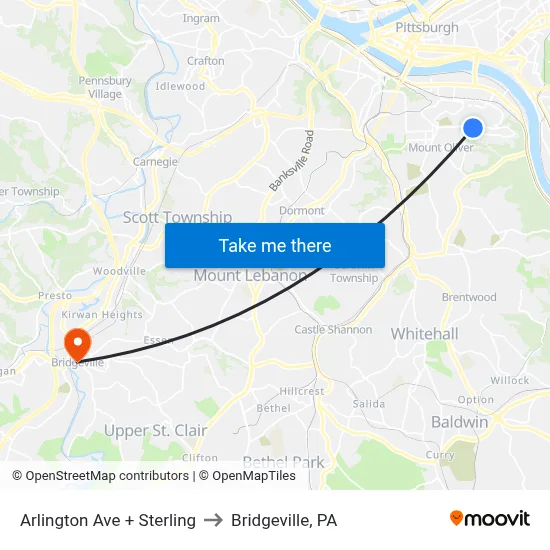 Arlington Ave + Sterling to Bridgeville, PA map