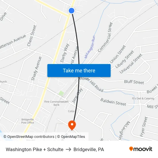 Washington Pike + Schulte to Bridgeville, PA map