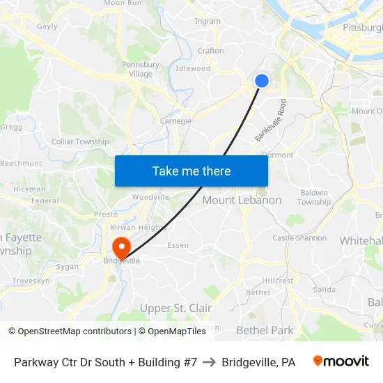 Parkway Ctr Dr South + Building #7 to Bridgeville, PA map