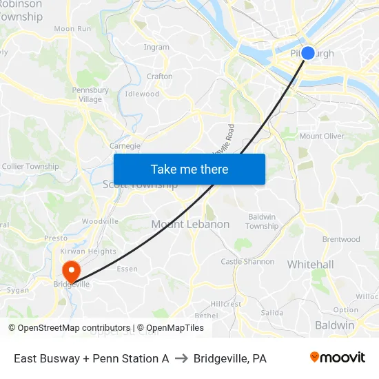 East Busway + Penn Station A to Bridgeville, PA map