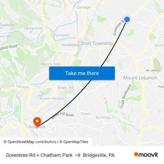Greentree Rd + Chatham Park to Bridgeville, PA map